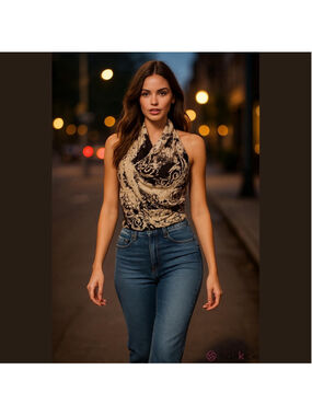 NWT Women's Filippa Brown Beige Abstract Halter Crop Top Size 6